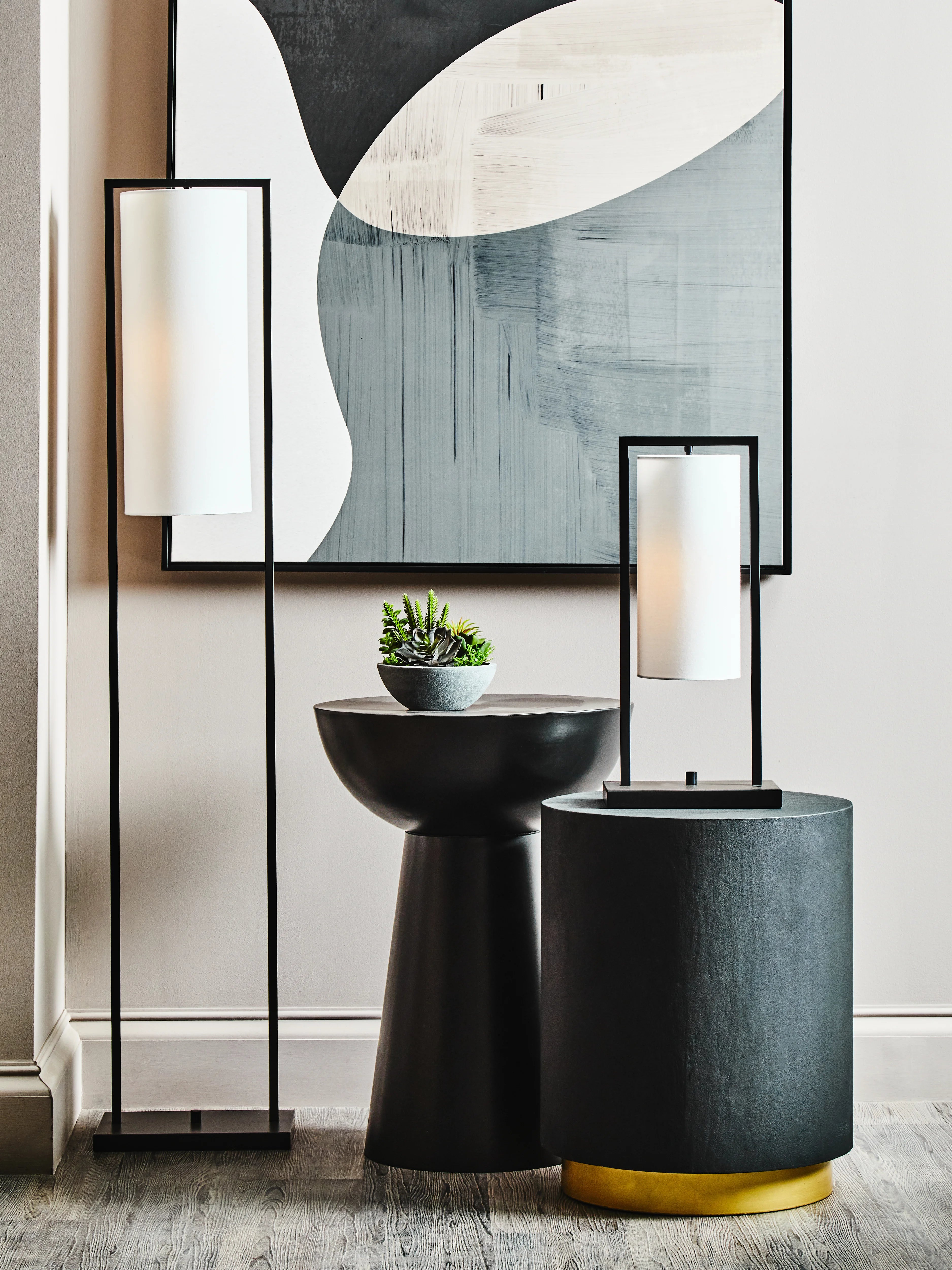 Calvo Black Rectangular Table Lamp with White Linen Shade